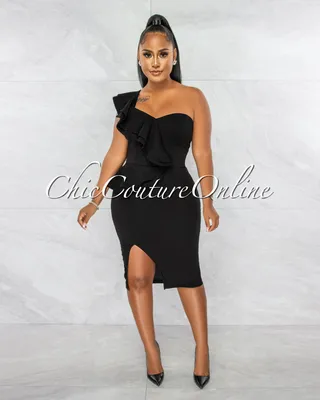 Corin Black Single Shoulder Ruffle Midi Dress