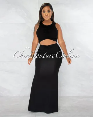 Virginia Black Ruched Crop Top & Maxi Skirt Set