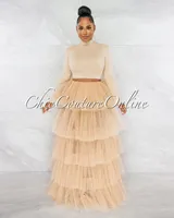 Auduna Nude Long Sleeves Top & Tulle Ruffle Maxi Skirt Set