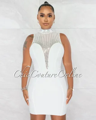 Abria Off-White Mesh Rhinestones Décor Bandage Dress