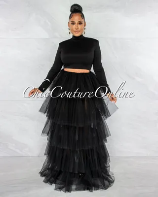 Auduna Black Long Sleeves Top & Tulle Ruffle Maxi Skirt Set