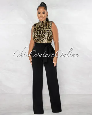 Blaine Gold Leopard Sequins Black Bottom Jumpsuit