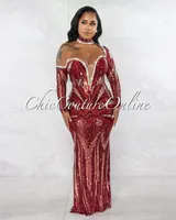 Bellucci Burgundy Sequins Rhinestones Long Sleeves Choker Maxi Dress