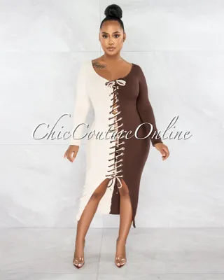 Adova Nude Two Tone Lace-Up Ribbed Dress