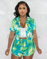 Carney Green Multi Color Print Crop Jacket & Mini Shorts Set