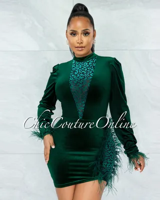 Akel Hunter Green Velvet Leopard Mesh Feather Accent Dress