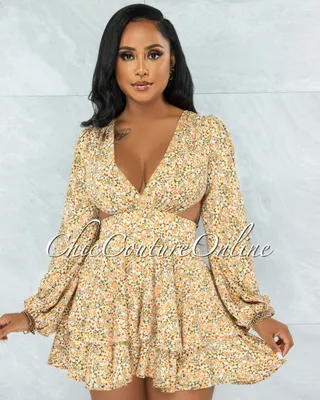 Ohela Mustard Floral Print Cut-Out Back Lace-Up Romper