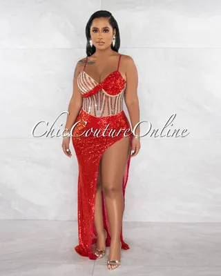 Maite Red Nude Rhinestones & Sequins Sheer Bodysuit Maxi Dress