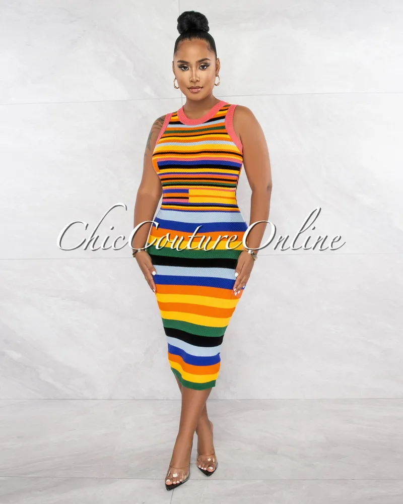 Posala Coral Multi-Color Stripes Knit Midi Dress