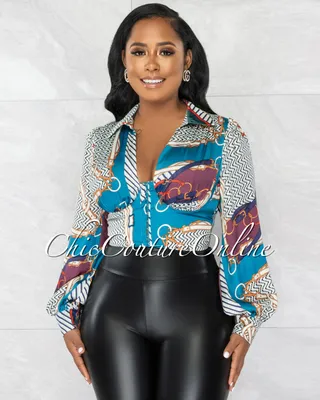 Arnie Teal Multi-Color Print Corset Style Silky Top