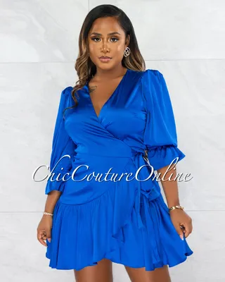 Montes Royal Blue Wrap Ruffle Hem Dress