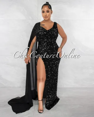 Corliss Black Sequins Single Long Sleeve & Fringe Side Slit Bodysuit Gown