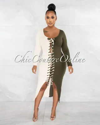 Adova Olive Nude Two Tone Lace-Up Ribbed Dress