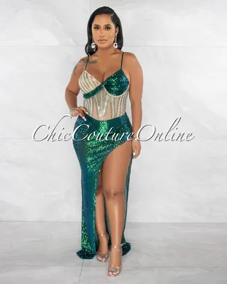 Maite Hunter Green Nude Rhinestones & Sequins Sheer Bodysuit Maxi Dress