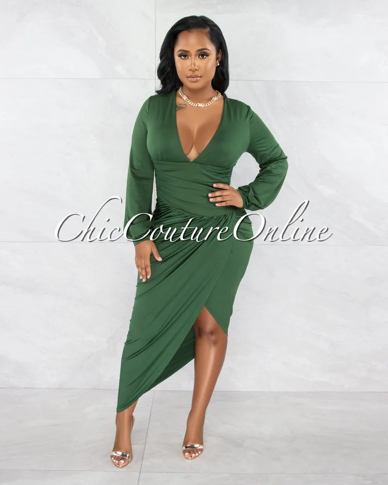 Vida Hunter Green V-Neck Draped Waistband Midi Dress