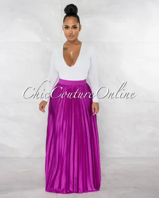 Visola Magenta Silky Pleated Maxi Skirt