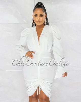 Crisanta Off-White V Pleated Neckline Ruched Midi Dress
