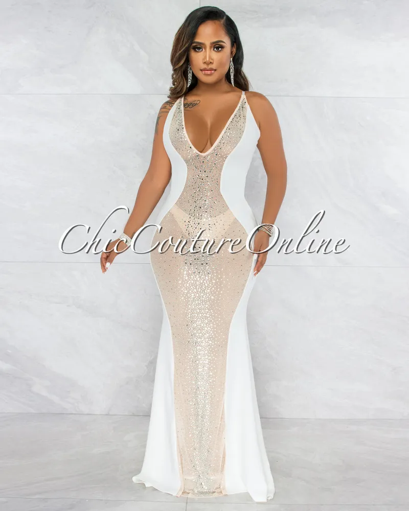 Bascose Off-White Nude Mesh Rhinestones Maxi Dress