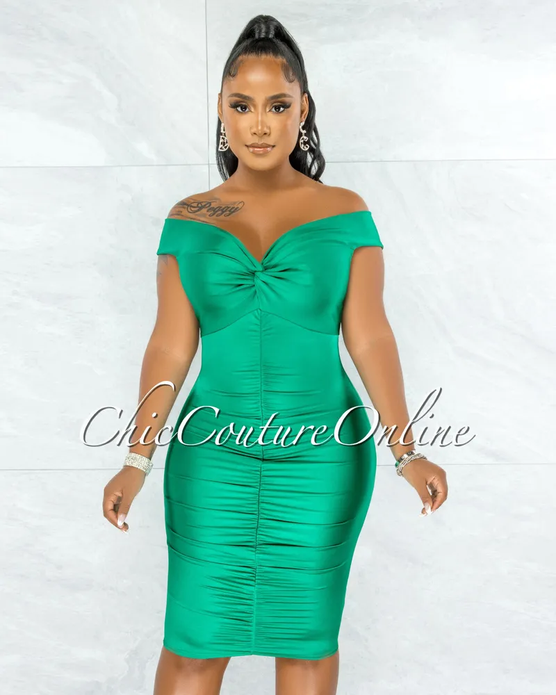 Hersala Green Knot Ruched Midi Dress