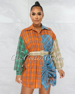 Ronat Orange Blue Plaid Belt Shirt Ruched Dress