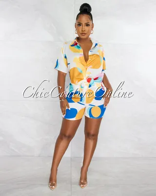 Marian White Multi-Color Shirt & Mini Shorts Set