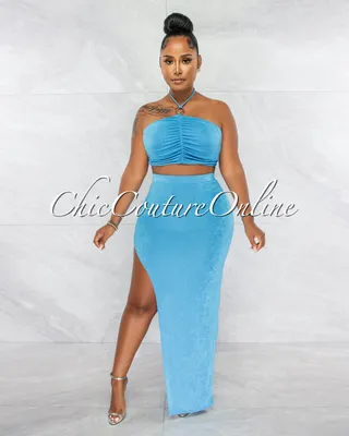 Lucille Turquoise Ruched Silver Accent Top & Maxi Slit Skirt Set