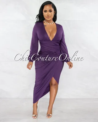 Vida Purple V-Neck Draped Waistband Midi Dress