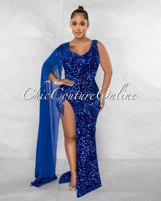 Corliss Royal Blue Sequins Single Long Sleeve & Fringe Side Slit Bodysuit Gown