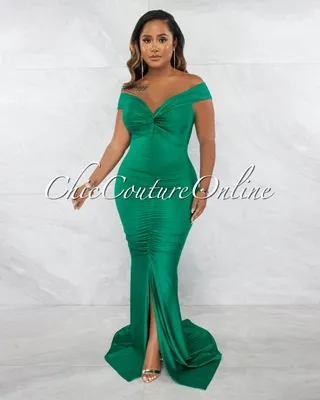 Glenna Green Front Knot Ruched Slit Maxi Dress