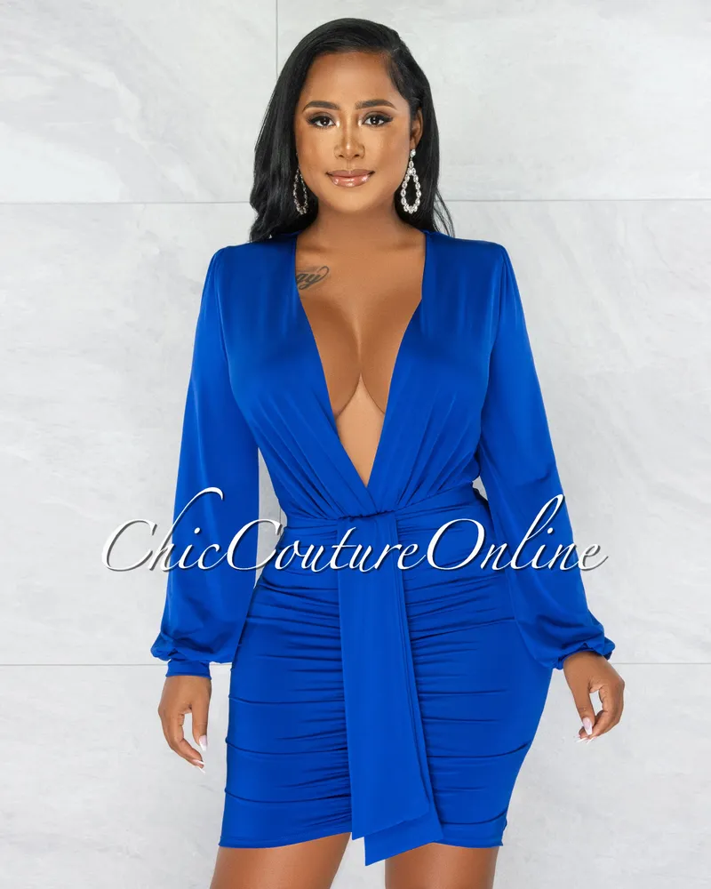 Umaya Royal Blue Draped Bodysuit & Ruched Skirt Set