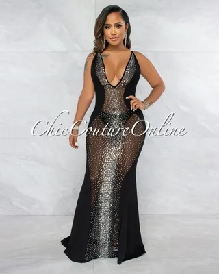 Bascose Black Mesh Rhinestones Maxi Dress