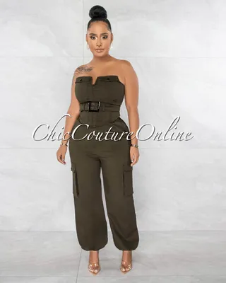 Lavita Army Green Strapless Belted Top & Jogger Cargo Pants Set