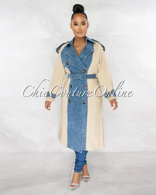 Nucia Khaki Denim Double Trench Belt Long Coat