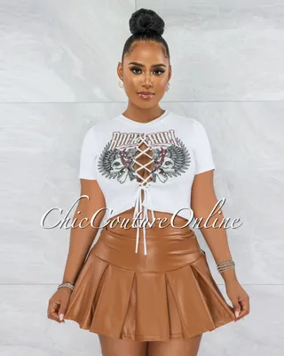 Jearl Caramel Faux Leather Pleated Mini Skort