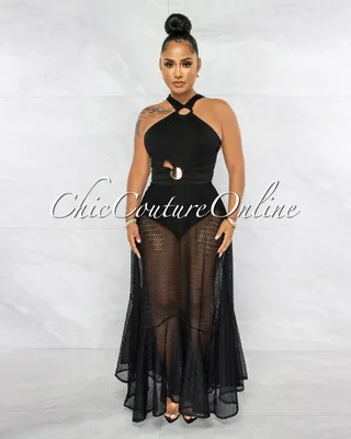 Mariposa Black Gold Accent Net Maxi Bodysuit Dress