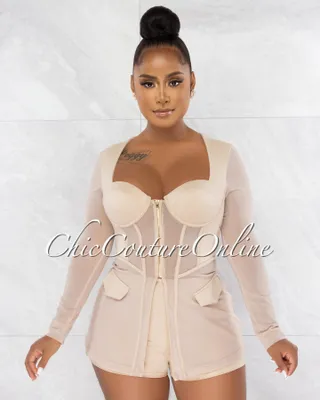 Priyah Nude Long Peplum Mesh Top & Shorts Set