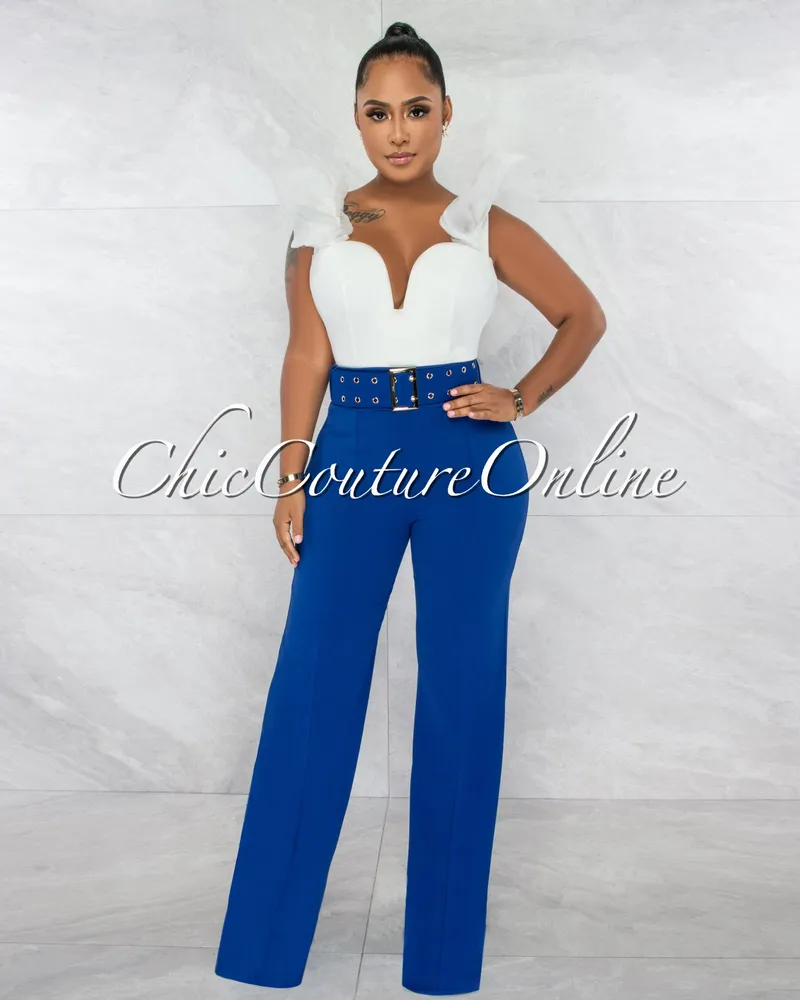 Chic Couture Online Gazella Royal Blue Gold Buckle Belt High Waist Palazzo  Pants