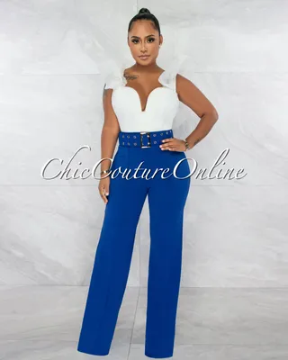 Gazella Royal Blue Gold Buckle Belt High Waist Palazzo Pants