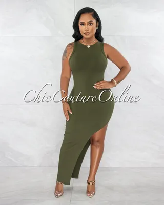 Dionne Olive Green Ribbed Side Slit Maxi Dress