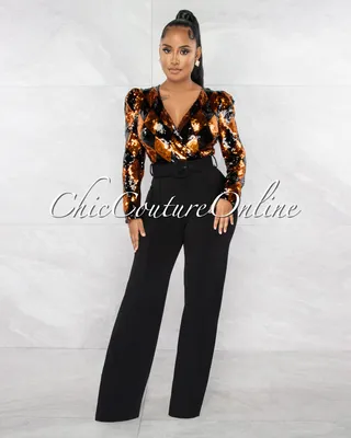 Norville Black Rust Sequins Diamond Print Belted Jumpsuit