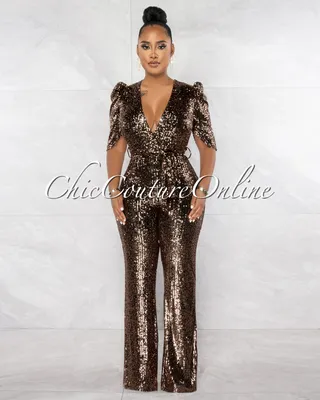 Mellie Black Rose Gold Sequins Bubble Sleeves Jumpsuit