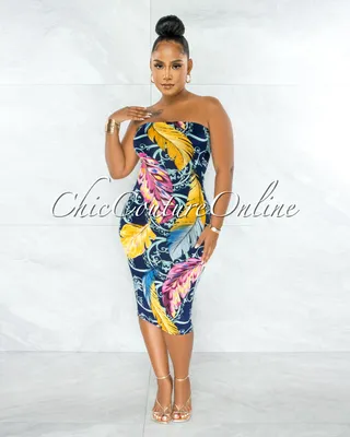 Palesa Navy Blue Leaf Print Strapless Midi Dress