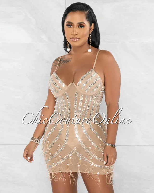 Chic Couture Online Grainne Nude Silky Mesh Ruched Bandage Corset Dress