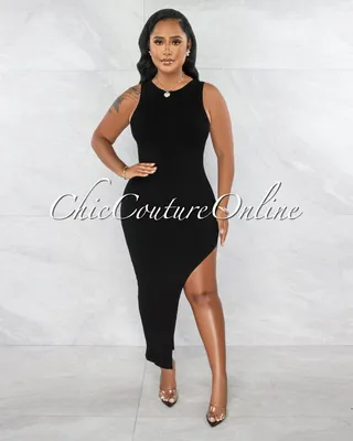 Dionne Black Ribbed Side Slit Maxi Dress