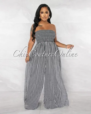 Liana Black White Houndstooth Smocked Top Wide Jumpsuit