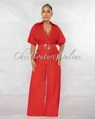 Garcia Red Bubble Sleeves Gold Buckle Belt Silky Jumpsuit