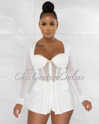 Priyah Off-White Long Peplum Mesh Top & Shorts Set