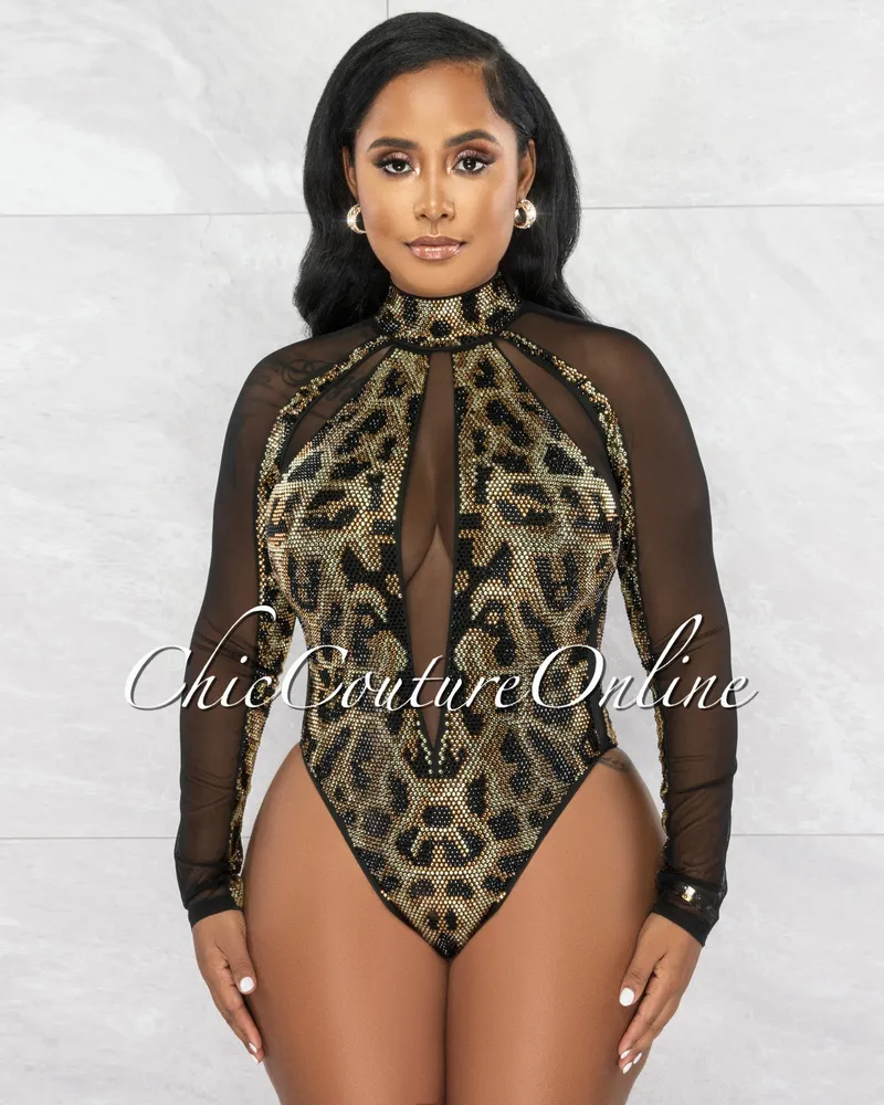 Myers Black Gold Rhinestones Leopard Print Mesh Bodysuit