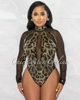 Myers Black Gold Rhinestones Leopard Print Mesh Bodysuit