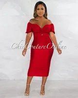 Sandrea Red Bubble Sleeves Ruched Midi Dress
